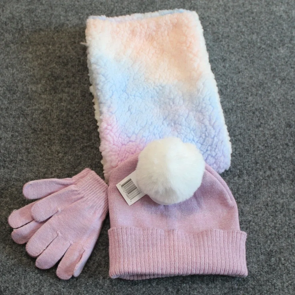 Olly & Me Hat Scarf‎ & Gloves Set Purple Orchid Jersey Pom 4-6X NWT